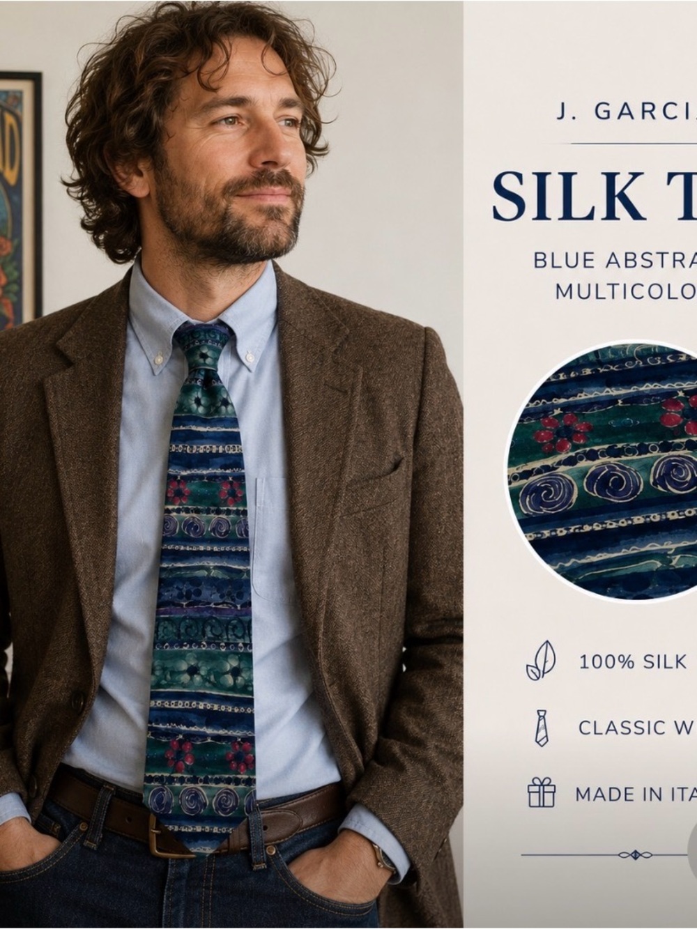 * J. Garcia Silk Tie Blue Abstract Multicolor